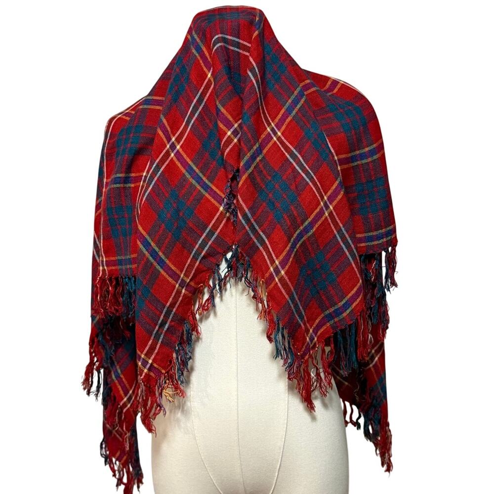 Accessory Institute ™ Red Plaid Scarf Rayon India 30 x 31 fringed Vintage